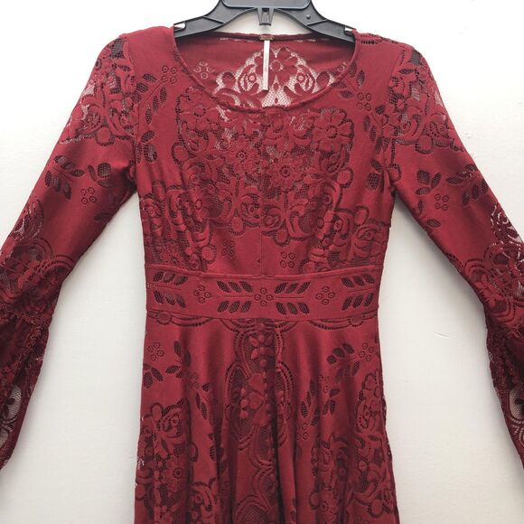 Free People Dress Womens XS Lace Bell Sleeve‎ Boho Cutout Fit Flare Party - Picture 3 of 14